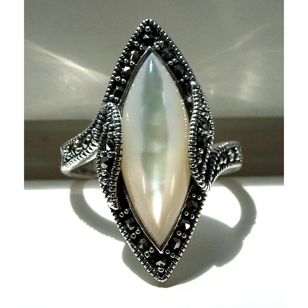 Mother Of Pearl Marcasite Ring 925 Sterling Silver Marquise Women's - Picture 2 of 15